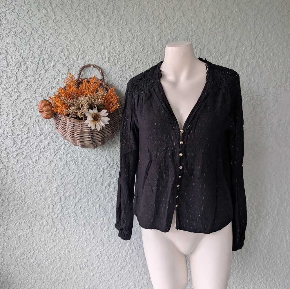 Zara Button Down Metallic Threaded Size Xs Over Side Top Black And Gold